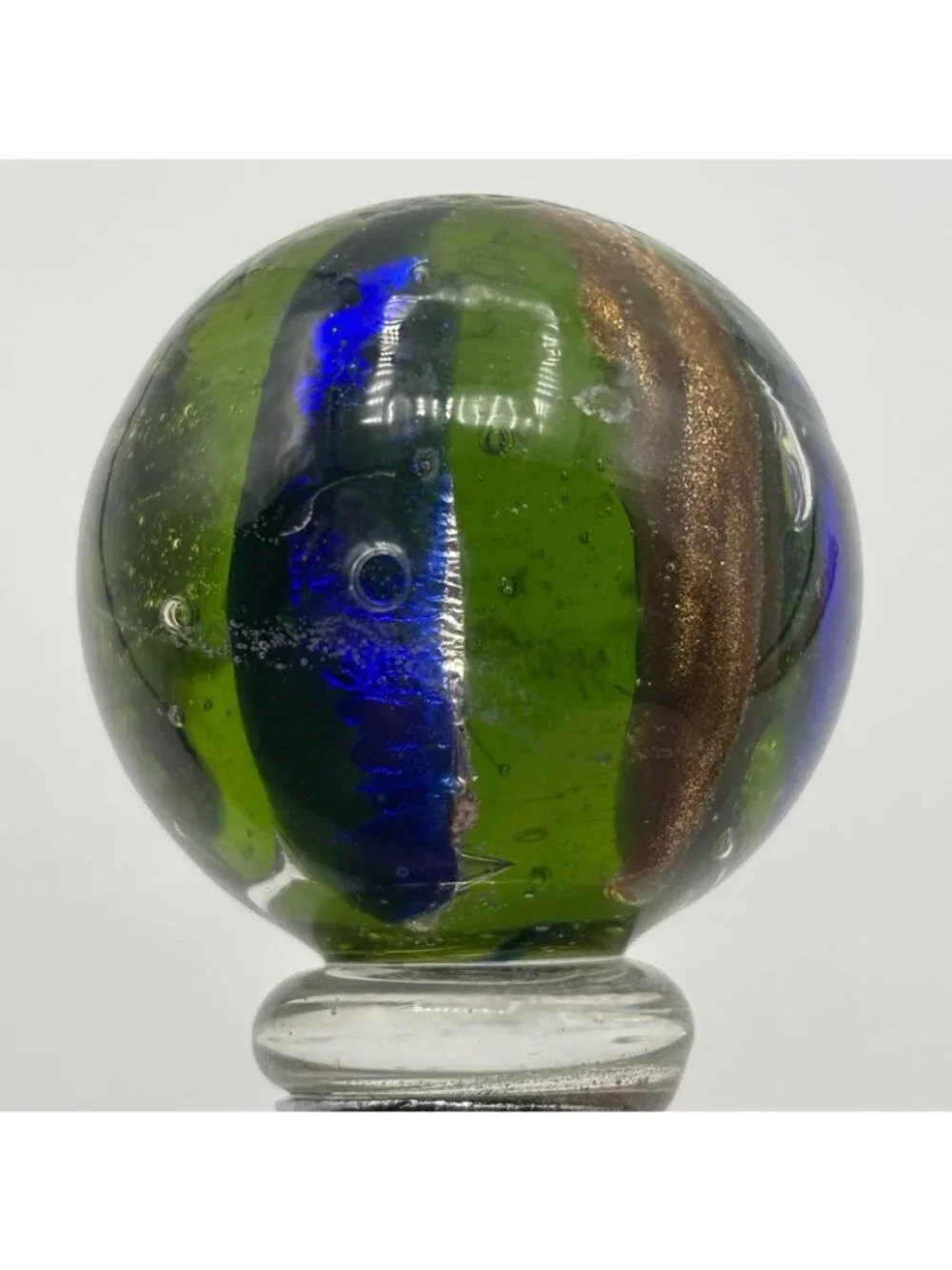 Art Glass Wine Bottle Stopper Topper Green Ball Gold Blue Striped Glossy Bubbles